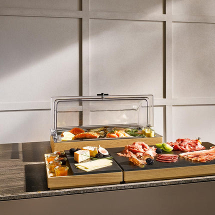 APS rolltop cover in gebruik – GN 1/1 afdekkap voor ontbijtbuffet en banqueting