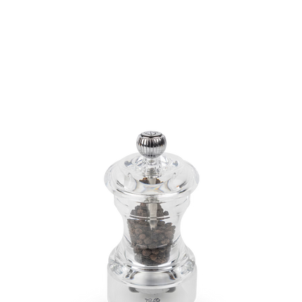 Peugeot Bistro pepermolen acryl 10 cm – transparante pepermolen met zichtbaar niveau voor de horeca