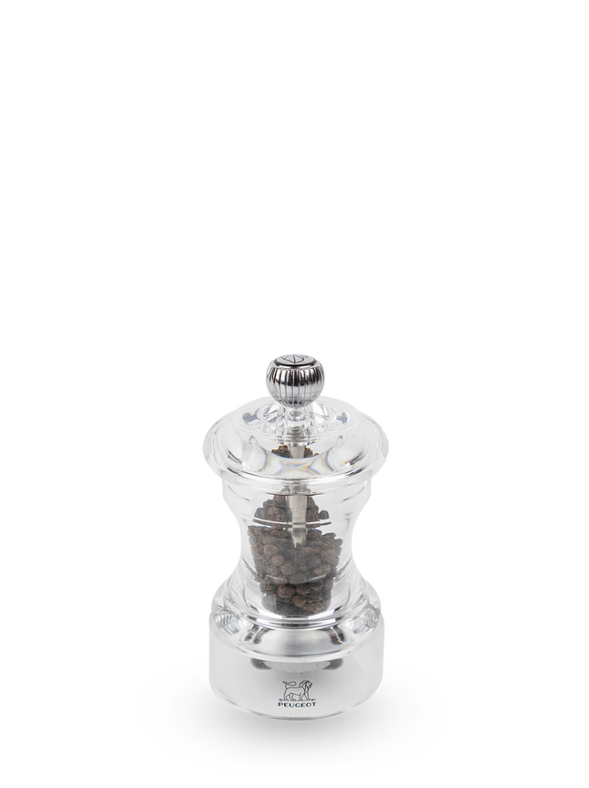 Peugeot Bistro pepermolen acryl 10 cm – transparante pepermolen met zichtbaar niveau voor de horeca