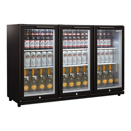 EMGA 3-deurs displaykoeler zwart met meerdere schappen voor bar en slijterij