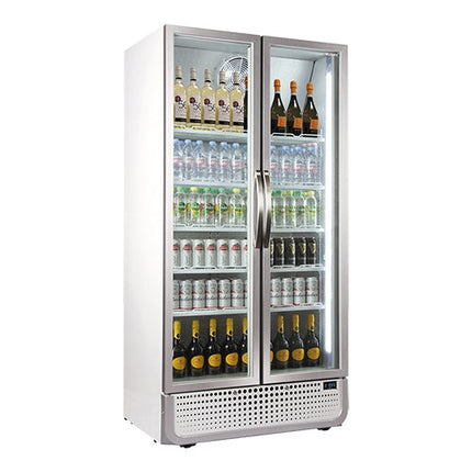 EMGA 728 liter dubbele glasdeurkoelkast, binnenzijde met legroosters voor catering