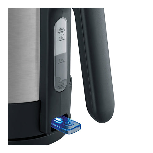 EMGA waterkoker 1,5 liter in detail met deksel en losse voet voor keukengebruik
