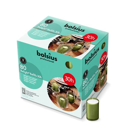 Bolsius ReLight navullingen olijfgroen 30 uur – doos met 80 kaarsen voor horeca sfeerlicht