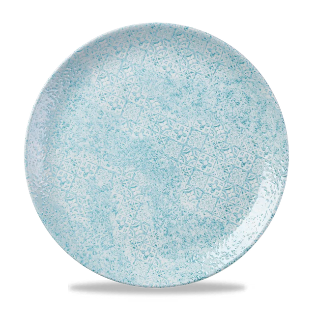 Churchill Med Tiles Aquamarine Evolve coupebord Ø 28,8 cm – randloos gespikkeld bord voor hoofdgerechten