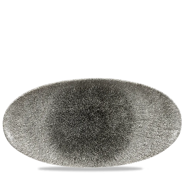 Churchill Raku Quartz Black ovaal chef's bord 34.7x17.3cm – reactief geglazuurd stoneware voor catering