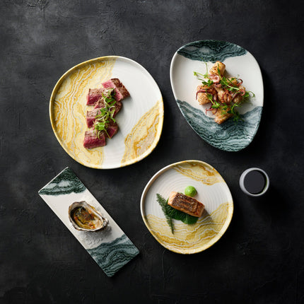 Churchill Tide Gold Contour collectie – goudkleurig porseleinen servies met swirl voor de horeca