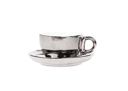 APS cappuccinokop met schotel zilver 200 ml - porseleinen set voor cappuccino