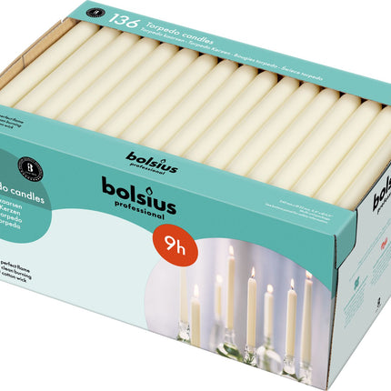Bolsius dinerkaarsen ivoor 9 uur – doos met 136 rookvrije tafelkaarsen voor de horeca