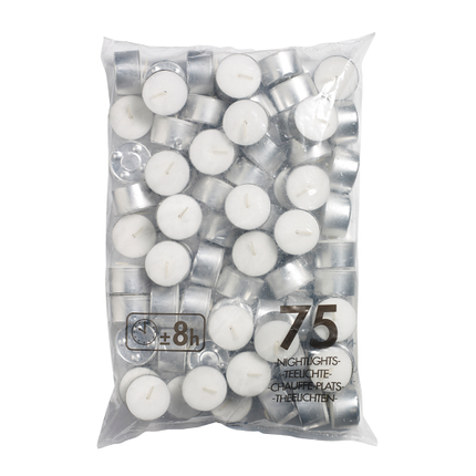 Bolsius theelichten wit 8 uur – zak met 75 waxinelichtjes, 6 per doos voor de horeca