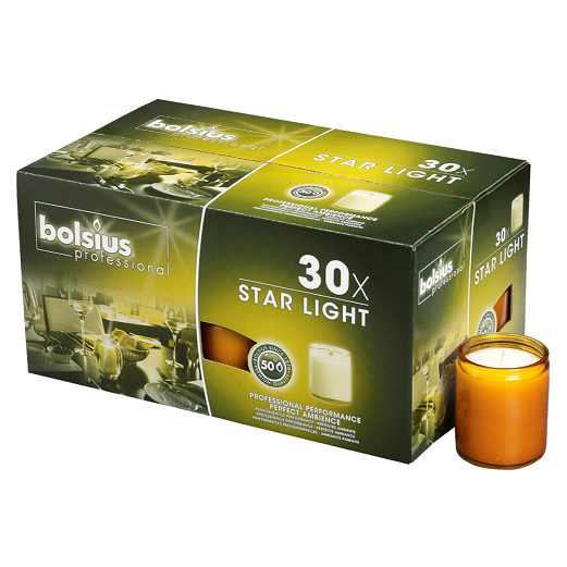 Bolsius Star Light glas amber 50 uur – doos met 30 sfeerlichten voor tafeldecoratie