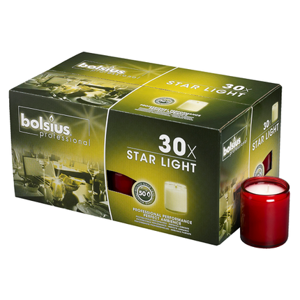 Bolsius Star Light glas rood 50 uur – doos met 30 sfeerlichten voor horeca en events