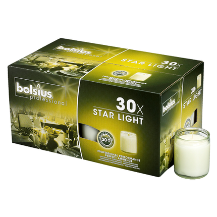 Bolsius Star Light glas transparant 50 uur – doos met 30 sfeerlichten voor restaurant en bar