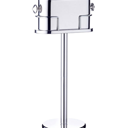 Een APS wijnkoeler op een 79 cm hoge standaard, elegant geplaatst naast een gedekte tafel met een gekoelde fles wijn.