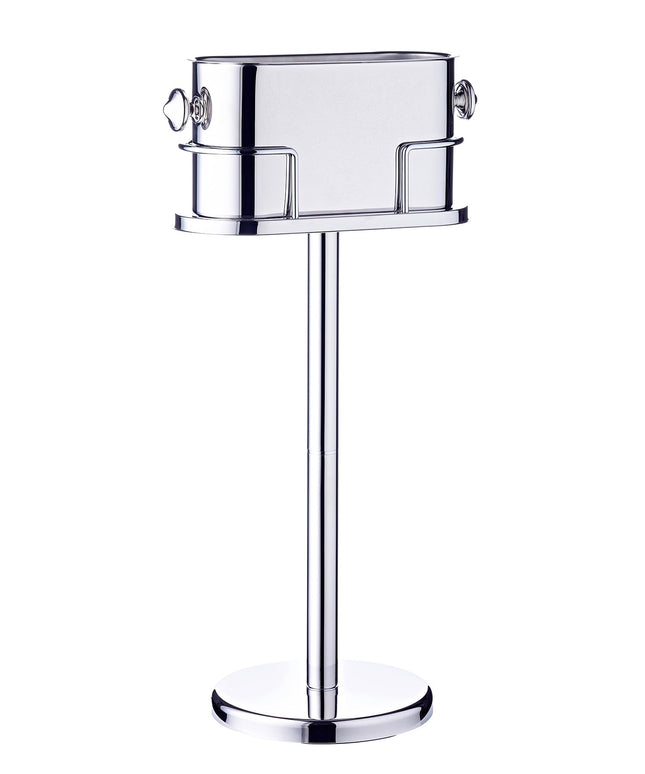 Een APS wijnkoeler op een 79 cm hoge standaard, elegant geplaatst naast een gedekte tafel met een gekoelde fles wijn.